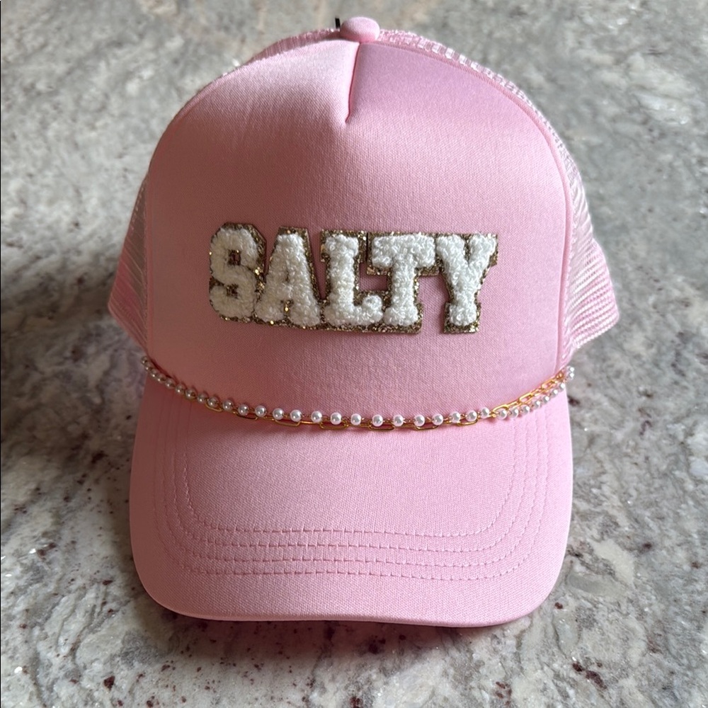 SALTY Trucker Hat with Pearl & Goldtone Link Detailing